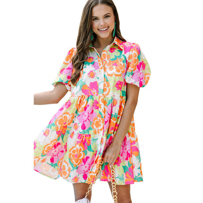 Summer Floral Print Puff Sleeve Dress Women Sweet Cute Knee Length Dress Women