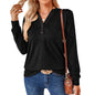 Autumn Winter Solid Color V-neck Button Loose Long-Sleeved T-shirt Top Ladies