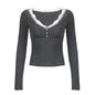 Gentle Contrast Color Lace Pleated Base Base Knitwear Preppy Girly All Matching Youthful Looking Casual Long Sleeve