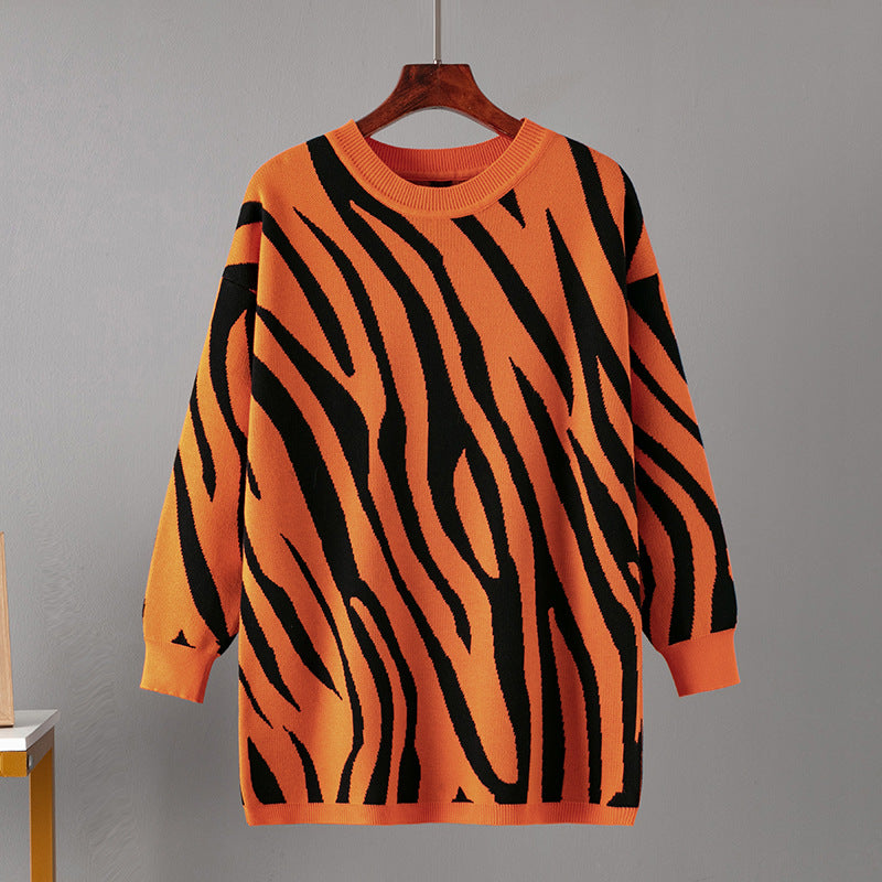 Autumn Winter Zebra Print Knitted Pullover Sweater Round Neck Sweater