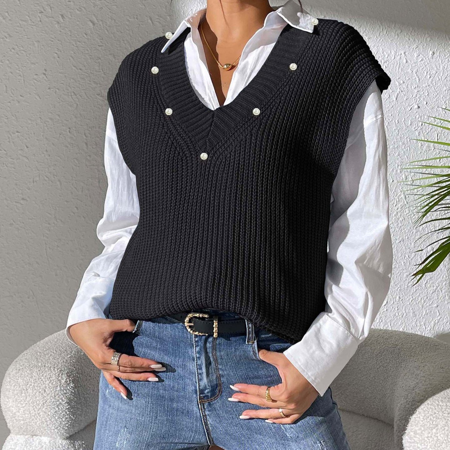 Women Vest Women Clothing Spring Autumn V neck Simple Vest Pearl Beaded Woven Sweater Waistcoat