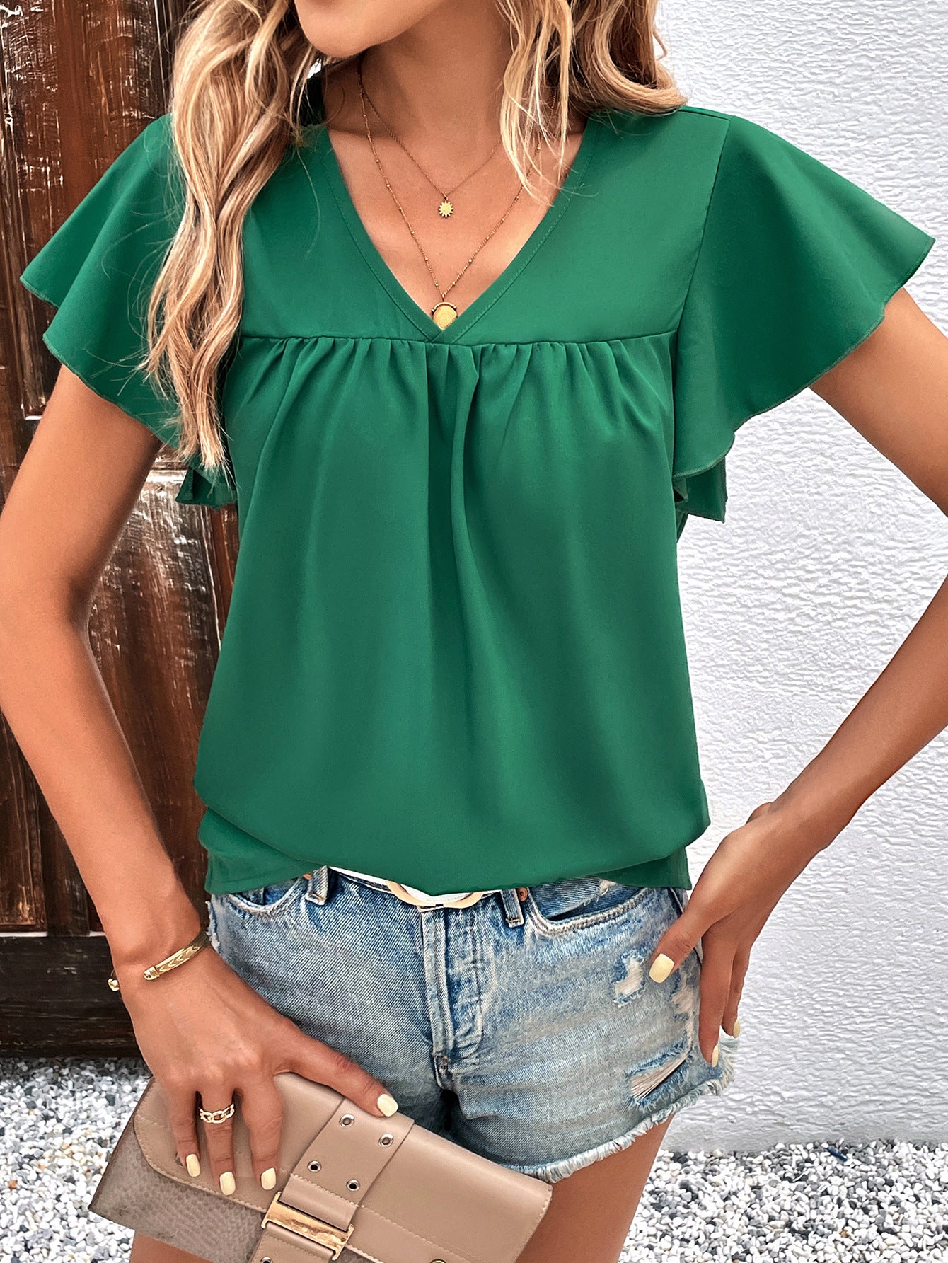 Women Clothing Solid Color Casual V neck All-Match T-shirt Women