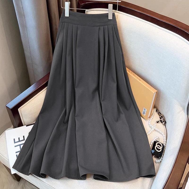 Women Skirt Autumn High Waist Slimming A Line Skirt Mid Length Pleated Umbrella Skirt