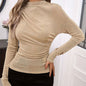 Summer Elegant Glossy Special Knitted Pleated Design Slim Top Long Sleeve T Shirt