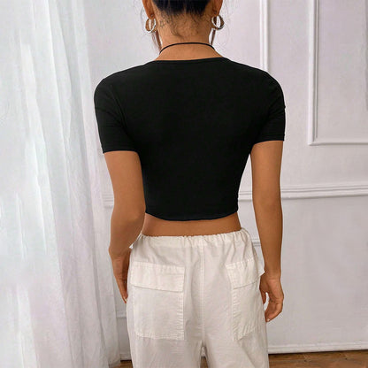 Knitted Sexy Square Cut Collar Design Irregular Asymmetric Hem Slim T shirt