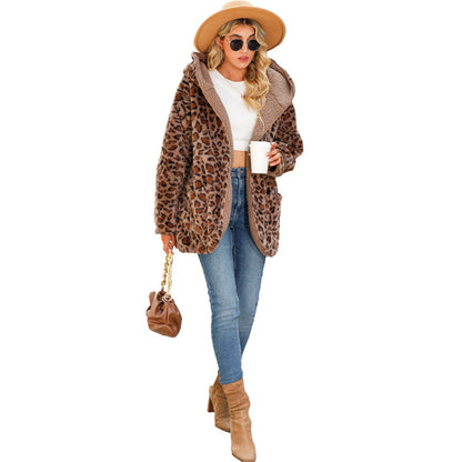 Casual Women Autumn Clothing Hooded Loose Long Sleeves Leopard Print Mid Length Pointed Bubble Velvet Outerwear