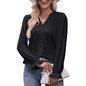 Autumn Women Clothing Solid Color T shirt Hole Lace V neck Long Sleeve Top