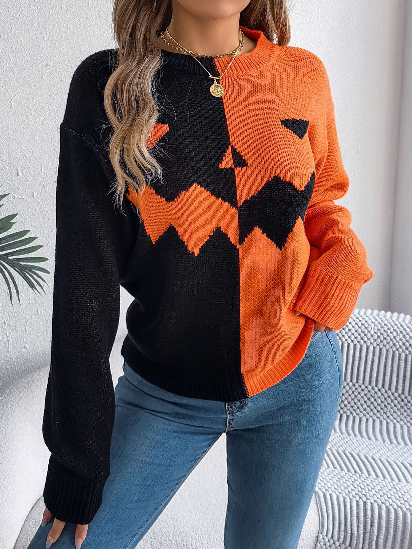 Autumn Winter Halloween Ghost Pumpkin Contrast Color Knitted Long Sleeve Pullover Women