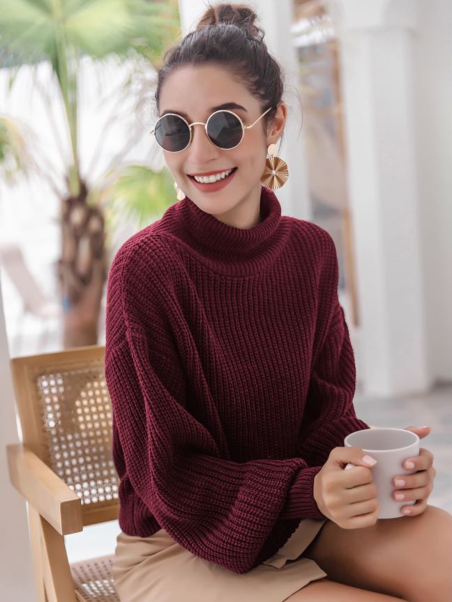 Women Live Shot Elegant Graceful Design Half Turtleneck Soft Glutinous Purple Knitted Sweater