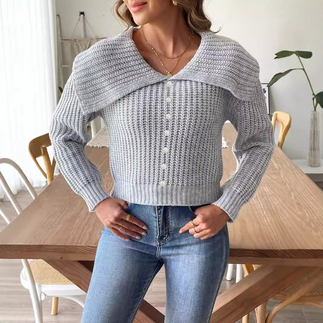 Women Short Top Pearl Beaded Sweater Women Clothing Autumn Winter Large Collared Pullover Sweater