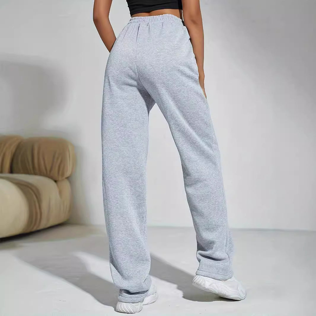 Gray Sports Pants Women High Waist Slimming Drooping Straight Lace Up Sweatpants Women