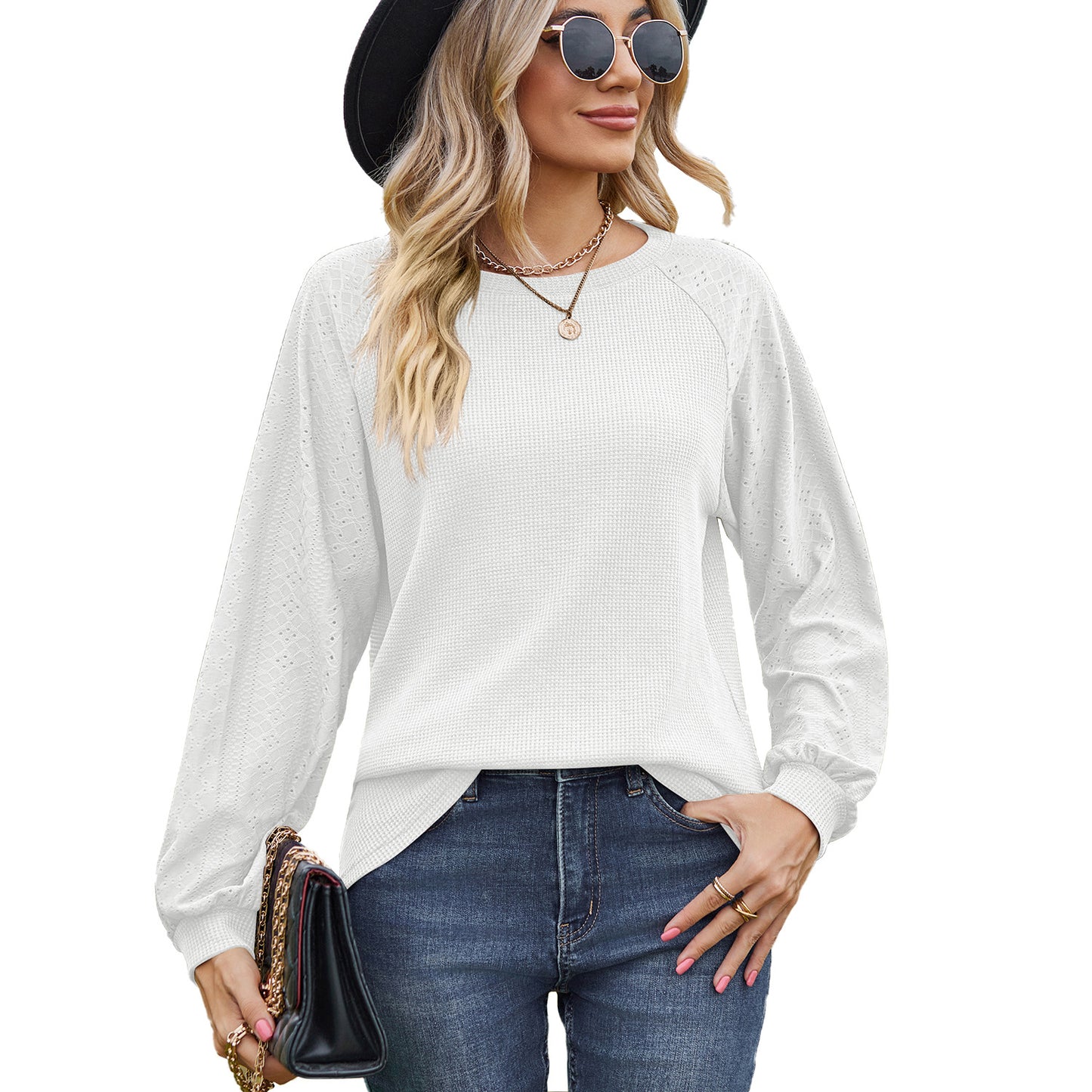 Autumn Winter Solid Color round Neck Stitching Loose Long Sleeve T shirt Top Women