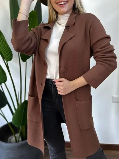 Women Autumn Winter Collared Long Sleeve Knitted Woolen Coat