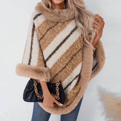 Autumn Winter Pullover Casual Cape Fur Collar Striped Knitted Inverness Sweater Women