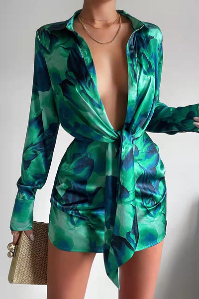 Sexy Women Wear Digital Printing Series Button Long Sleeve Shirt Dress