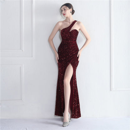 Velvet Bottom Sequin Colorful One Shoulder Party Wedding Dinner Fishtail Long Evening Dress