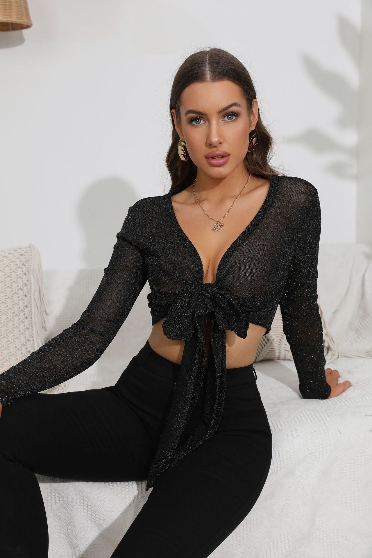 Women Clothing Sexy Cropped Long Sleeve Top See through Multi Wear Front Lace up Shirt