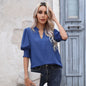 Summer Office Solid Color Top  V neck Chiffon Shirt