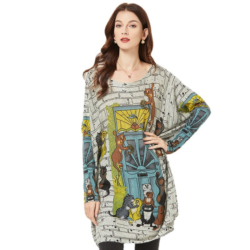 Cartoon Printed Sweater Women Loose Outer Wear Idle Top Mid-Length Bottoming Knitwear