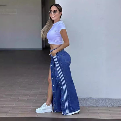 Denim With Three Stripes Wide Leg Loose Jeans Casual Elastic Straight Trousers