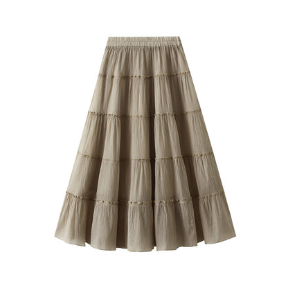 Women Skirt Summer High Waist Draping Pleated Tiered Skirt Casual Mid Length A line Large Hem Umbrella Skirt