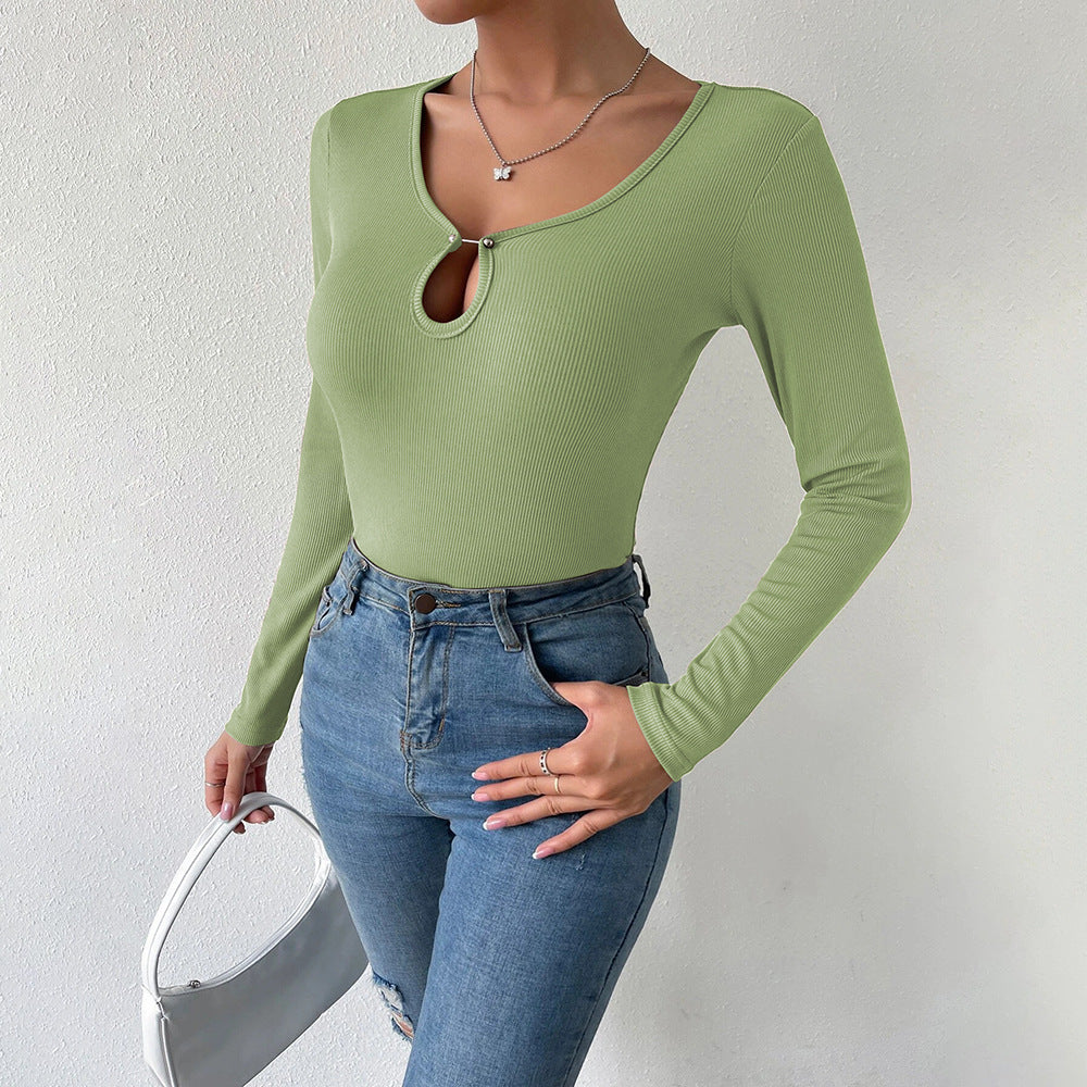 Women Clothing Comfort Casual Hollow Out Cutout out Slim Knitted Long-Sleeved Women T shirt Top