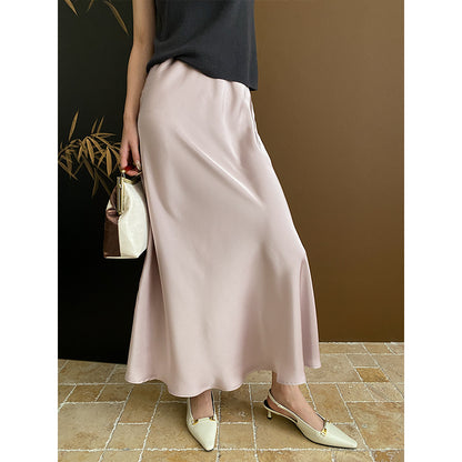 Elegant Glossy Satin High Waist Drooping Split Fishtail Skirt French Mid Length Skirt