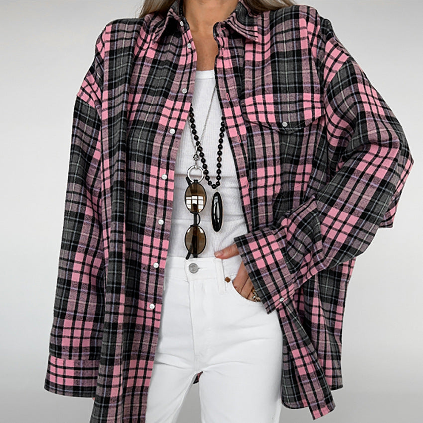 Autumn Wear Simple Loose Lapels Shirt Russian Classic Plaid Long Sleeve Shirt Women