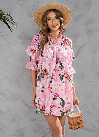 Women Clothing Summer Printed Single-Breasted Short Half-Sleeved Dress