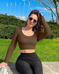 Autumn Winter Crop Top Short Top Long Sleeve Round Neck Stretch Fit Bottoming Shirt Sports Top