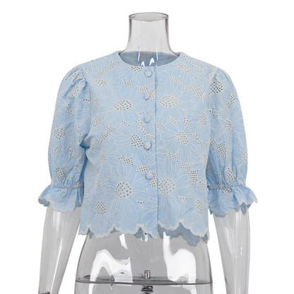 Women Embroidery Short Shirt Flared Sleeves Cropped Exposed Shirt Top