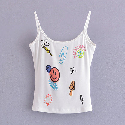 Cute Smiley Face Summer New Short Strap Slim Printed High Elastic Short Small Tank Top Graphic Smiley Face