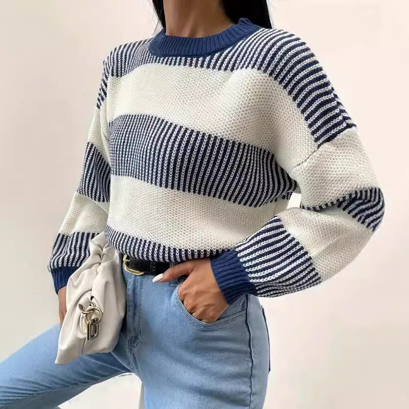 Women Pullover Blouse Autumn Winter Casual Loose Classic Contrast Color Striped Color Matching Sweater for Women