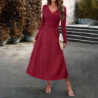 Autumn Dress Office V neck Long Sleeve Pleated Elegant Dress