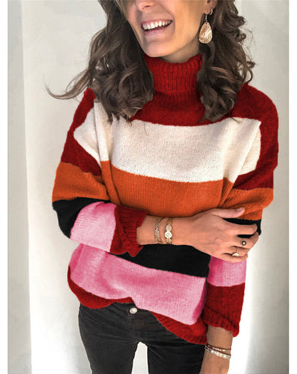 Autumn Winter Turtleneck Patchwork Knitwear Plus Size Women Striped Sweater Women