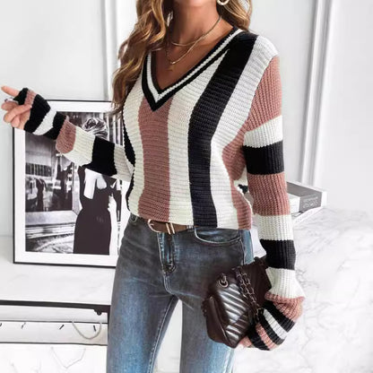 Women V Neck Sweater Classic Striped Long Sleeved Sweater Casual All Matching Tops