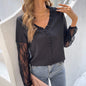 Spring Summer Loose Fitting V neck Long Sleeves Lace Bell Sleeve Patchwork Chiffon Shirt Women Bottoming Shirt Women