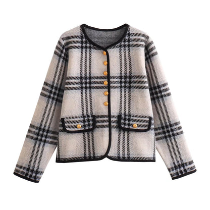 Winter Women Clothing Fashionable All Match Plaid Classic Knitted Coat