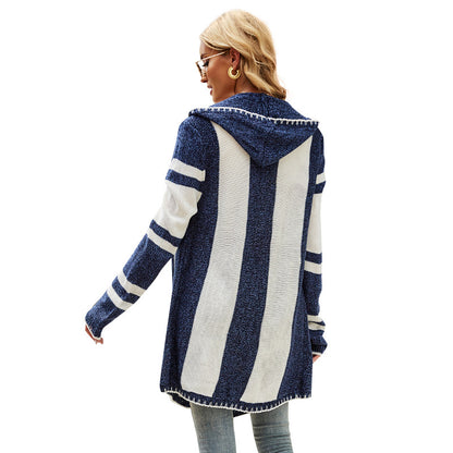 Autumn Winter Striped Contrast Color Hooded Knit Cardigan Irregular Asymmetric Long Sleeve Sweater Coat