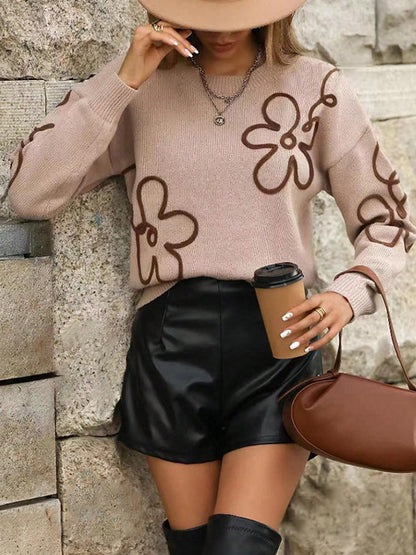 Women Clothing Sweater Spring Autumn Floral Jacquard Sweater Pullover round Neck Long Sleeves Top for Women