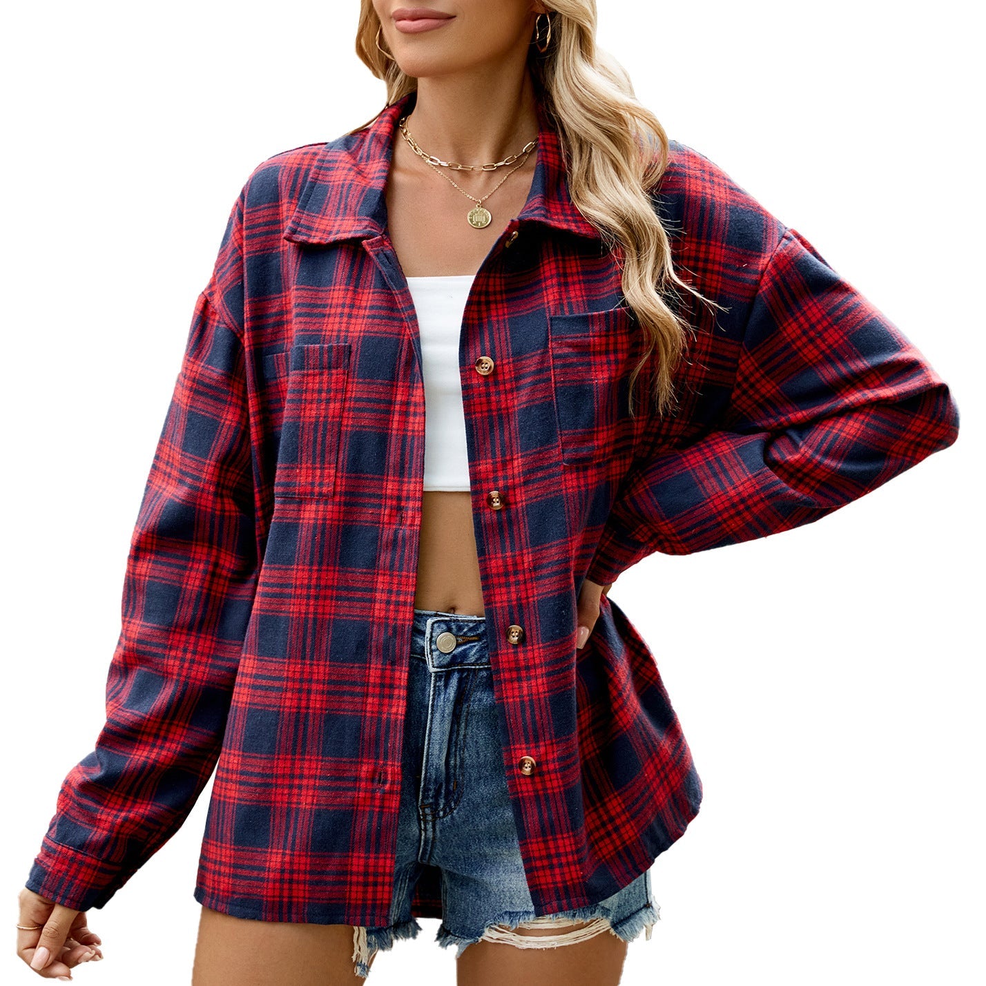 Autumn Winter Polo Collar Long Sleeve Pocket Button Plaid Shirt Top for Women