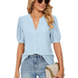 Summer Casual V Neck Solid Color Hollow Out Cutout Puff Sleeve Loose Fitting T Shirt Top Women