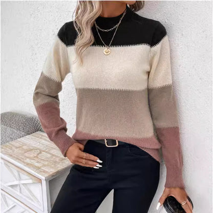 Autumn Winter Contrast Color Sweater Women Pullover round Neck Long Sleeves Knitwear Casual All Matching Tops