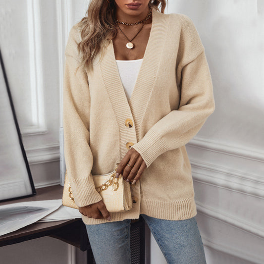 Elegant Knitted Cardigan Women Autumn Winter Women Plain Single Breasted Sweater Coat