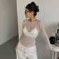 Women Clothing Autumn Winter See-through Sexy round Neck Slim Solid Color Long Sleeve Tops