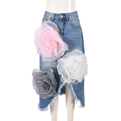 Women Clothing Autumn Denim Washed Tassel Floral Decorative Street Skirt