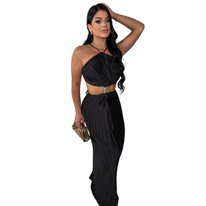 Women Pleated Sexy Lacing Evening Dress Back Slit Dress