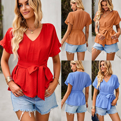 Cinched Slimming Pullover Women Clothing Summer Elegant Shirt