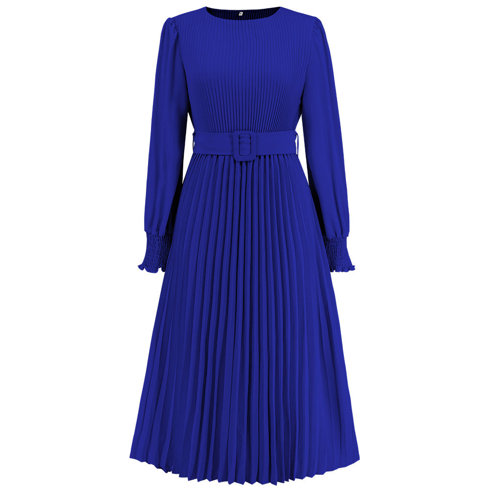 Autumn Winter Round Neck Bubble Long Sleeve Pleated A Line Mid Length Slim Dress