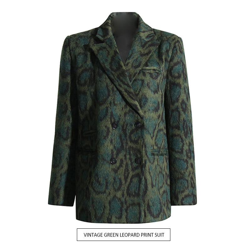 French Vintage Leopard Print Printed Blazer Fall V neck Long Sleeve Loose Casual with Big Pockets Mid Length Coat